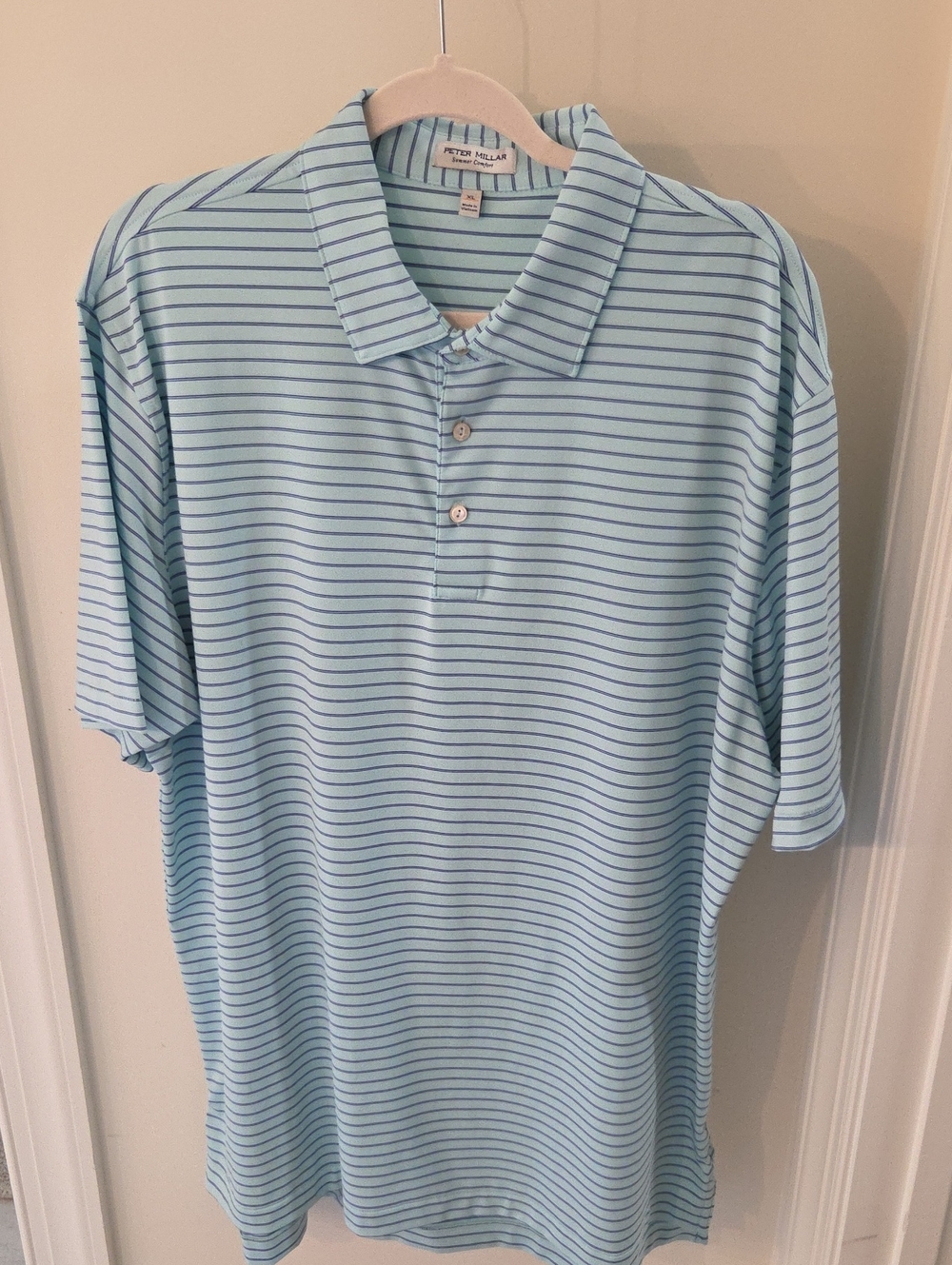 Peter Millar Light Blue Polo with Navy Stripes, XL, Summer Comfort